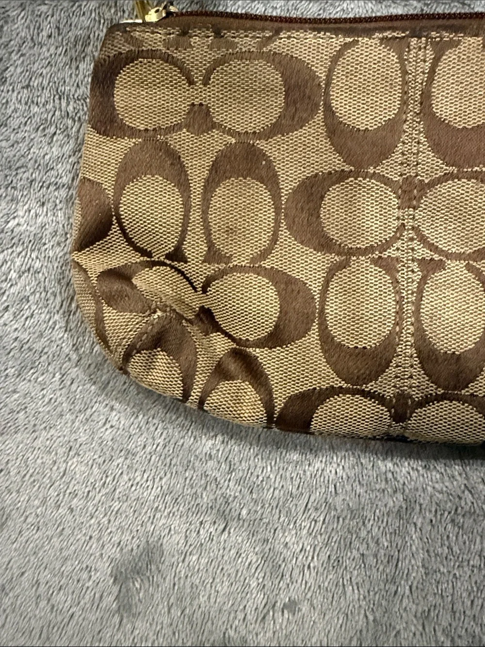 Coach Brown Signature Canvas Wristlet with Cream Trim and Gold Hardware